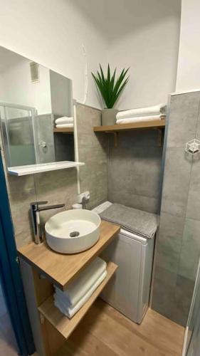 une petite salle de bain avec un lavabo et une douche dans l'établissement Évasion - superbe vue mer !, à Canet