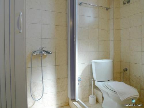 uma casa de banho com duche, WC e chuveiro em Village view apartment em Agios Nikolaos