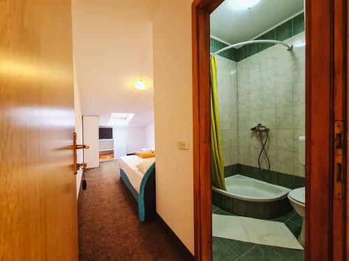 ein Bad mit einer Badewanne, einem WC und einem Bett in der Unterkunft Guest house Davorka in Neum