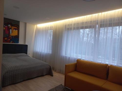 a bedroom with a bed and a couch and a window at City center apartment in Klaipėda