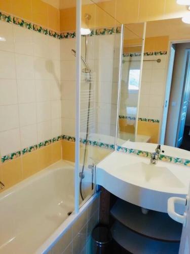 une salle de bain avec une baignoire, un lavabo et un miroir dans l'établissement Appartement pied des pistes Valmeinier, à Valmeinier