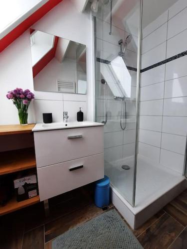 une salle de bain blanche avec une douche et un lavabo dans l'établissement Charmante maison 8 personnes à 2 pas de Wimereux, à Wimille