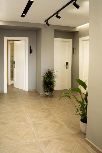an empty hallway with potted plants in a building at Hotel Luris in Golem