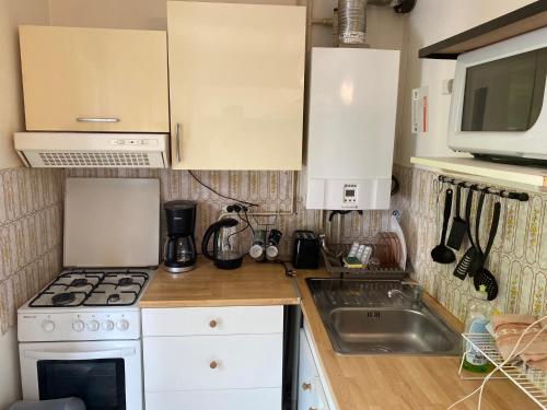 Il comprend une petite cuisine équipée d'une cuisinière et d'un évier. dans l'établissement Joli T1 Amélie-les-Bains-Palalda, à Amélie-les-Bains-Palalda