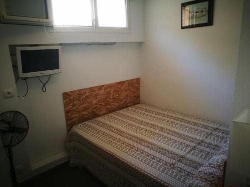 een slaapkamer met een bed en een tv aan de muur bij appartement avec jardin vue sur mer 2 étoiles in Cassis