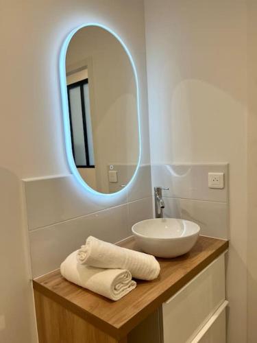 une salle de bain avec un lavabo et un miroir dans l'établissement Montpellier centre - La Fenêtre de l’écusson, à Montpellier