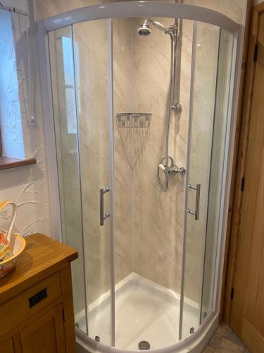 a shower with a glass door in a bathroom at Character 1 bedroom country annex in West Camel in Yeovil