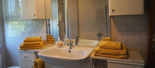 La salle de bains est pourvue d'un lavabo, d'un miroir et de serviettes. dans l'établissement Ferienhof Zum Rössberg, à Geisa