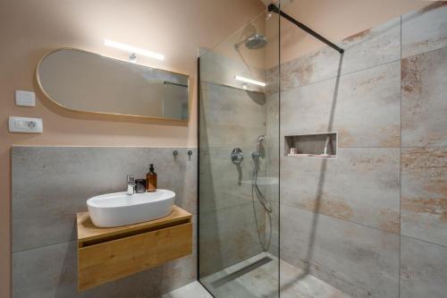 een badkamer met een wastafel en een douche bij Alojza Maria in Rovinjsko Selo