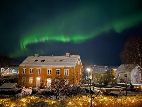 a house with the aurora in the sky at Tomannsbolig på Rosenborg in Trondheim
