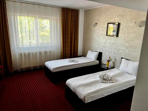 pokój hotelowy z 2 łóżkami i oknem w obiekcie Hanul Kartali w mieście Lumina