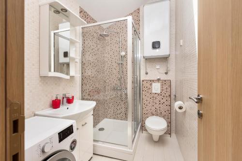a bathroom with a shower and a toilet and a sink at Apartments Dončić in Kotor