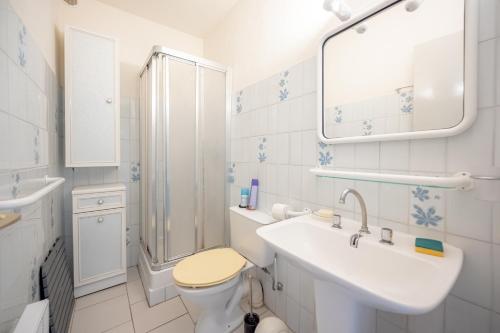 uma casa de banho com um lavatório, um WC e um chuveiro em Origan - Appt pour 4 voyageurs et splendide vue mer em Le Lavandou