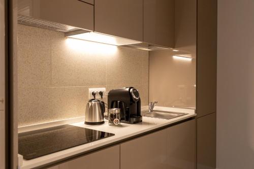 a kitchen with a toaster on a counter next to a sink at Casa Carmela Apartments in Bardolino