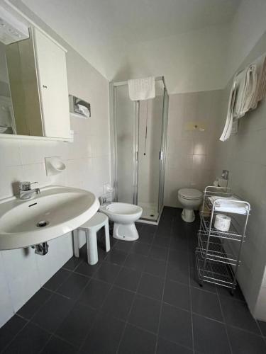 ein Bad mit einem Waschbecken, einem WC und einer Dusche in der Unterkunft Hotel Giardinetto in Desenzano del Garda