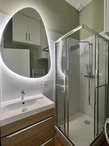 une salle de bain avec un lavabo et une douche avec un miroir dans l'établissement Saint-Roch station, à Montpellier