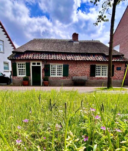 a red brick house with a grass field in front of it at Het Kostershuisje in Nuenen