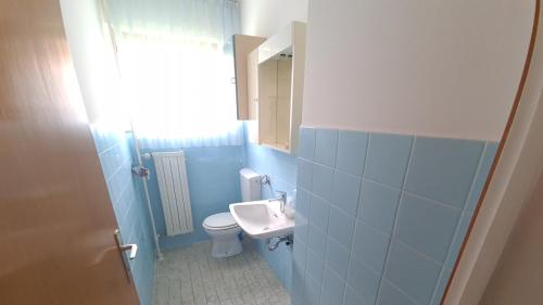 a blue bathroom with a sink and a toilet at Apartment Ajdna in Žirovnica