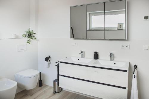 uma casa de banho com um lavatório, um WC e um espelho. em Heide Seele em Soltau
