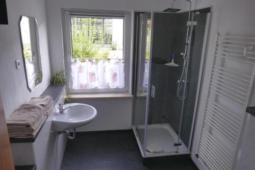 uma casa de banho com um lavatório, um chuveiro e uma janela. em Selliner See em Ostseebad Sellin