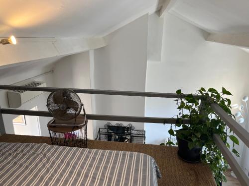 a room with a bed and a fan and a plant at les hauts de malmousque in Marseille