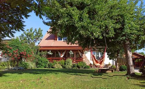 a house with a hammock hanging from a tree at Agroturystyka U Głuszków in Myczkowce