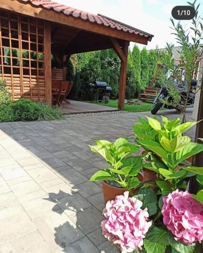 a patio with pink flowers and a pavilion at Rodzinny zakątek "U Głuszków" Bieszczady in Myczkowce