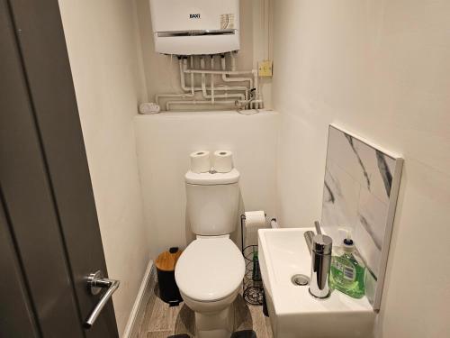 a small bathroom with a toilet and a sink at Lovely Apartment in Swansea in Swansea