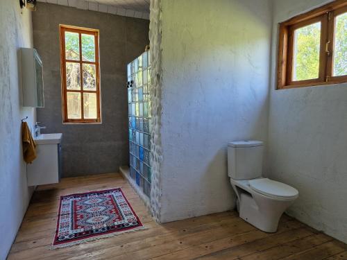 een badkamer met een toilet, een wastafel en een raam bij Villa Natanebi 