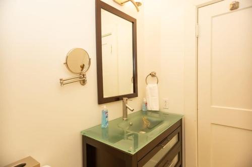 een badkamer met een wastafel en een spiegel bij Charming Durham Studio Steps Away from Duke in Durham