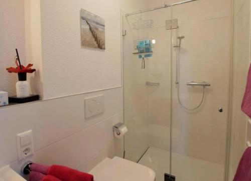 ヴァンガーオーゲにあるStrandlust - Anspruchsvolle Ferienwohnungのバスルーム(トイレ、ガラス張りのシャワー付)