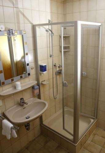 La salle de bains est pourvue d'une douche et d'un lavabo. dans l'établissement Hotel Restaurant Pempel, à Großalmerode