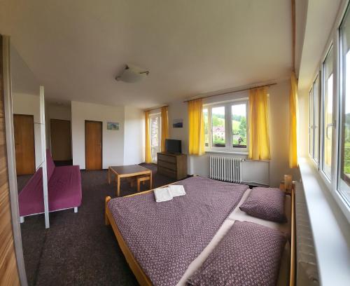 a bedroom with a bed and a table and windows at Pension Salma in Černý Dŭl