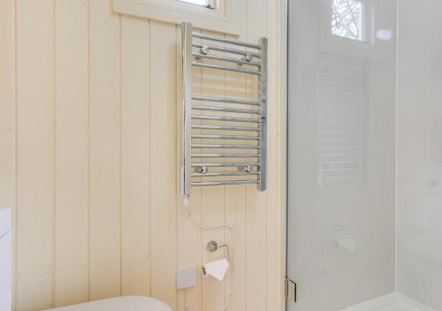 a bathroom with a toilet and a shower at The Orchards Retreat Shepherds Hut in Saint James