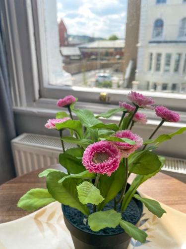 a vase with pink flowers on a table with a window at The Broadway Hotel in Llandudno