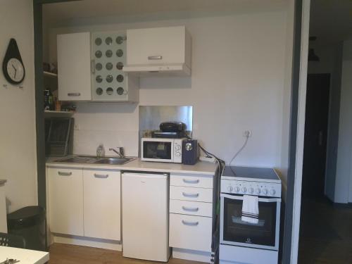 een kleine keuken met een fornuis en een magnetron bij Apartamento Agradable in Tarbes