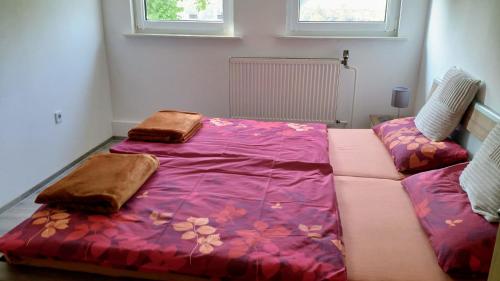 Cama con manta rosa y sofá en Ferienwohnung Wanderlust en Bad Berleburg