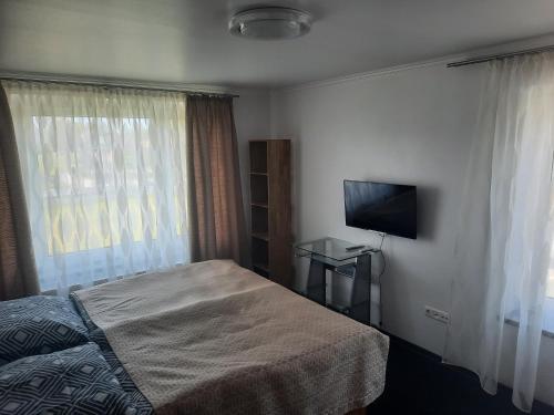 - une chambre avec un lit et une télévision à écran plat dans l'établissement Ferienwohnung Wiesenblick in Seiffen, à Kurort Seiffen