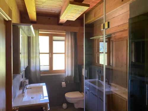ein Badezimmer mit einem Waschbecken, einem WC und einem Spiegel in der Unterkunft Bio Bauernhof Perneißl Apartment in Bischofshofen