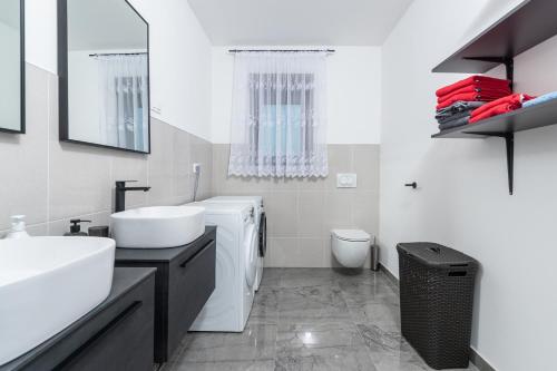 een witte badkamer met een wastafel en een toilet bij Bibali in Buje