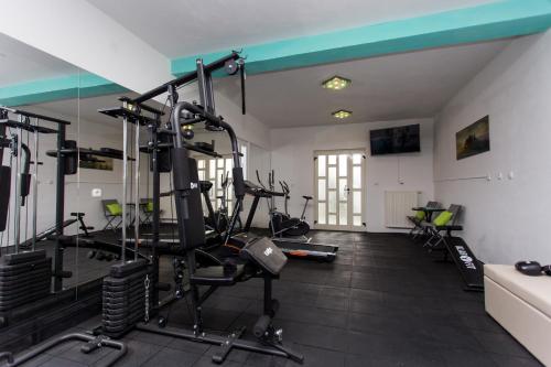 a gym with several tread machines in a room at Almas in Neorić