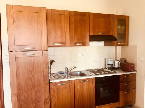 een keuken met houten kasten en een wastafel bij Eleni's Apartments in Agios Nikolaos