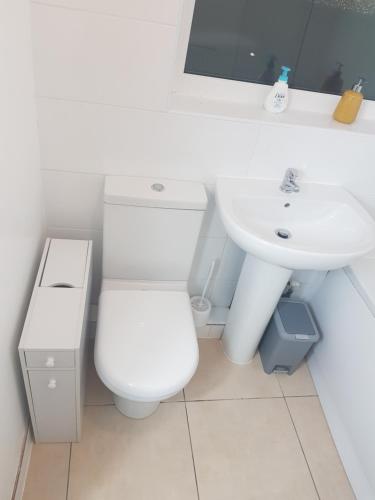 Kunda House Oliver في برمنغهام: حمام ابيض مع مرحاض ومغسلة