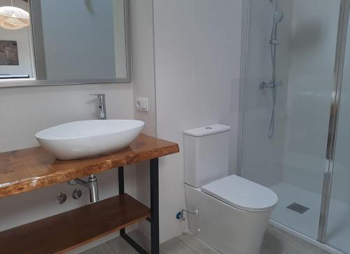 a bathroom with a sink and a toilet and a shower at Casa Rural Triticum in Navas de Bureba