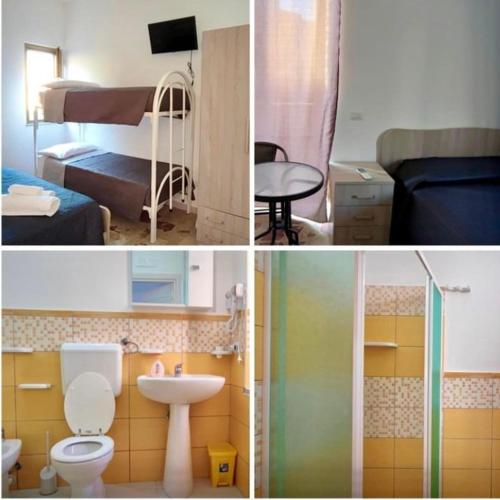 3 fotos de una habitación con baño y dormitorio en La Bagnarota en Nicotera Marina