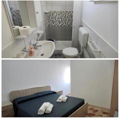 dwa zdjęcia łazienki z łóżkiem i umywalką w obiekcie La Bagnarota w mieście Nicotera Marina