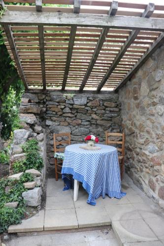 une table et des chaises assises sous un mur en pierre dans l'établissement Esclarmonde 18, à Cascastel-des-Corbières