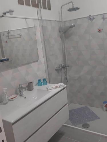 une salle de bain avec un lavabo et une douche dans l'établissement Chez Bianca Les Coquelicots Les Lucioles, à Menton