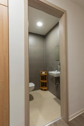 a bathroom with a toilet and a sink at Római Panoráma apartman in Siófok
