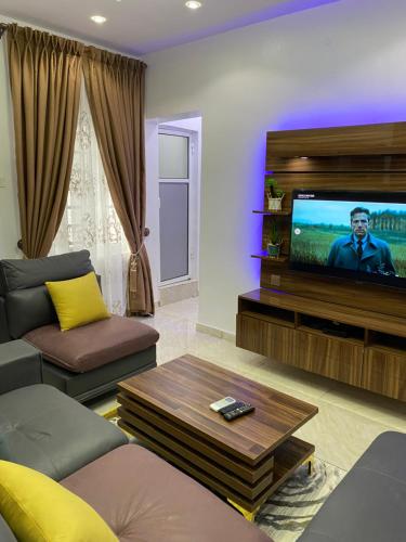 a living room with a couch and a flat screen tv at Melford Homes in Lagos